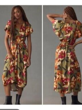 Anthropologie Velvet by Graham Francie Floral Midi Dress Satin